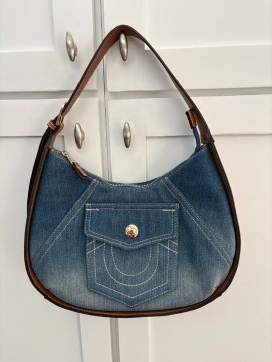 True Religion Handbags - TRUE RELIGION DARK DENIM HOBO Shoulder Bag~ Brown Trim~Horseshoe pocket~NWOT